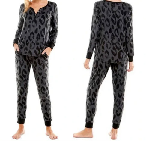 Jaclyn Intimates Printed Faux Henley Top & Jogger Pants Pajama Set Size Large
